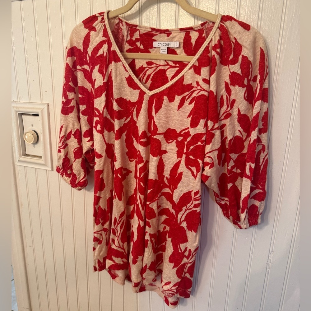 Chicos Floral Braided Linen Red and White Medium Linen Blouse